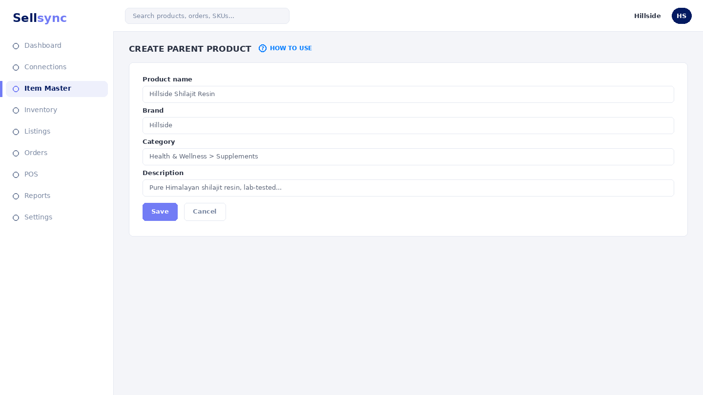 The Create Parent Product form with name and image fields.