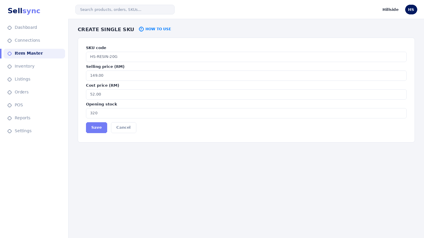 The Create Single SKU form with SKU code and price fields.