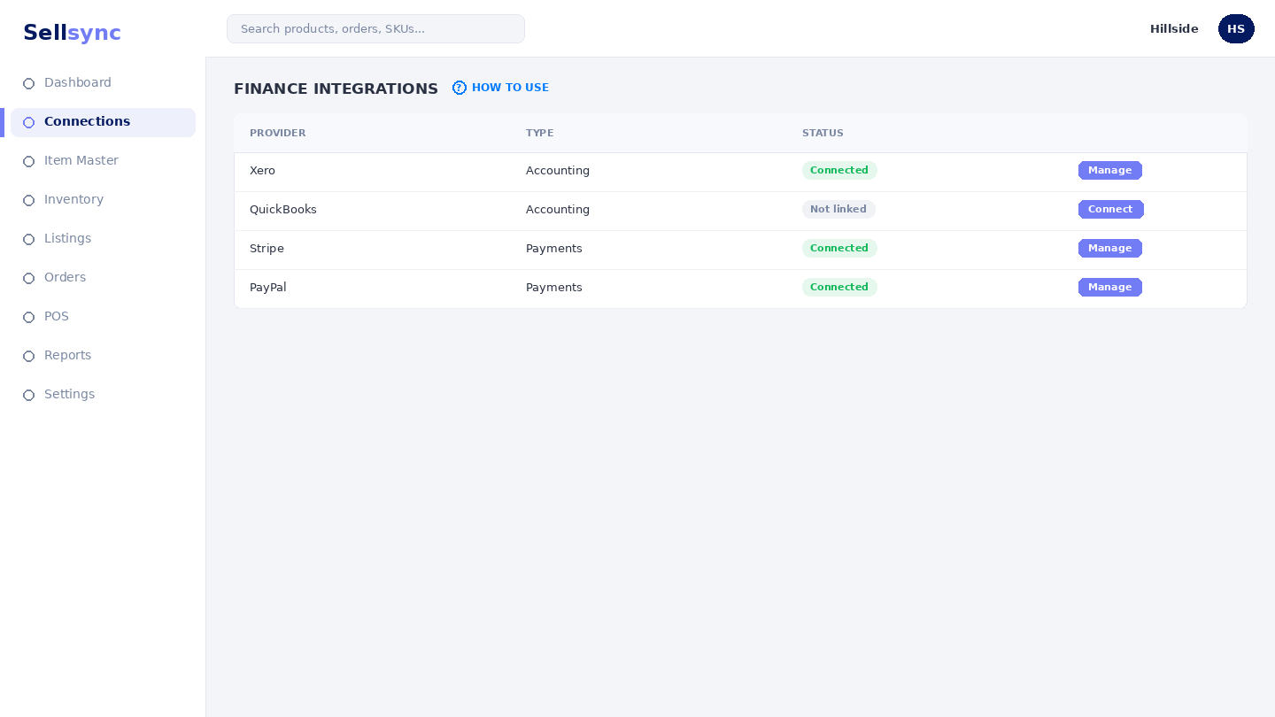 The Finance Integrations screen listing available connections.