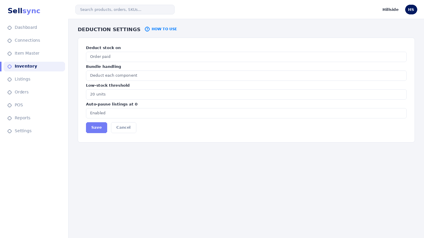 The inventory deduction settings panel within company settings.
