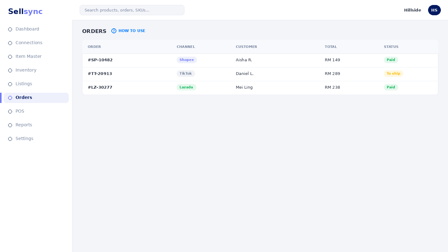 The Orders List with filter controls and a status column.