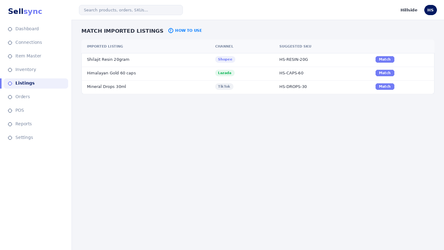 The Imported Listings screen with a match-to-SKU control.