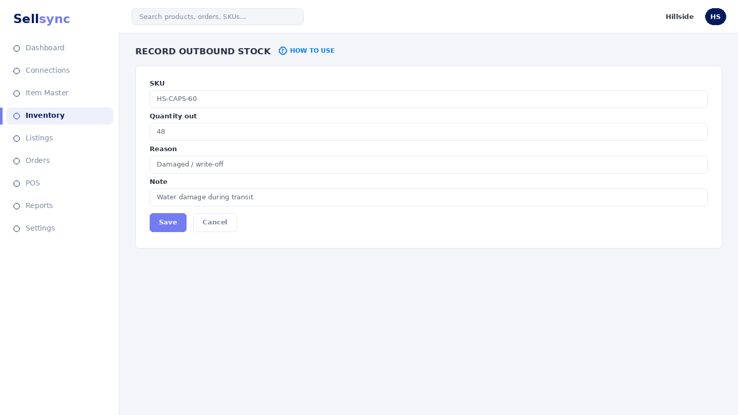 The Outbound Stocks form with SKU, quantity, and reason fields.