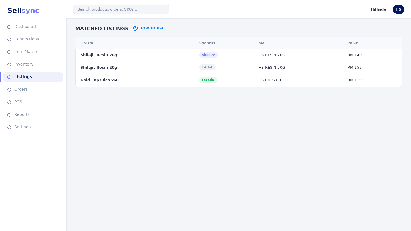 The matched listings grid grouped by platform.